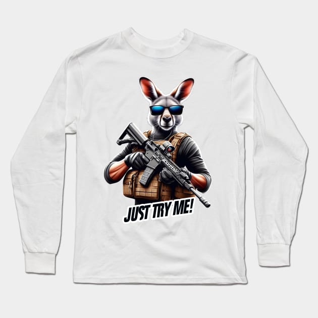 Tactical Kangaroo Adventure Tee: Where Playfulness Meets Precision Long Sleeve T-Shirt by Rawlifegraphic